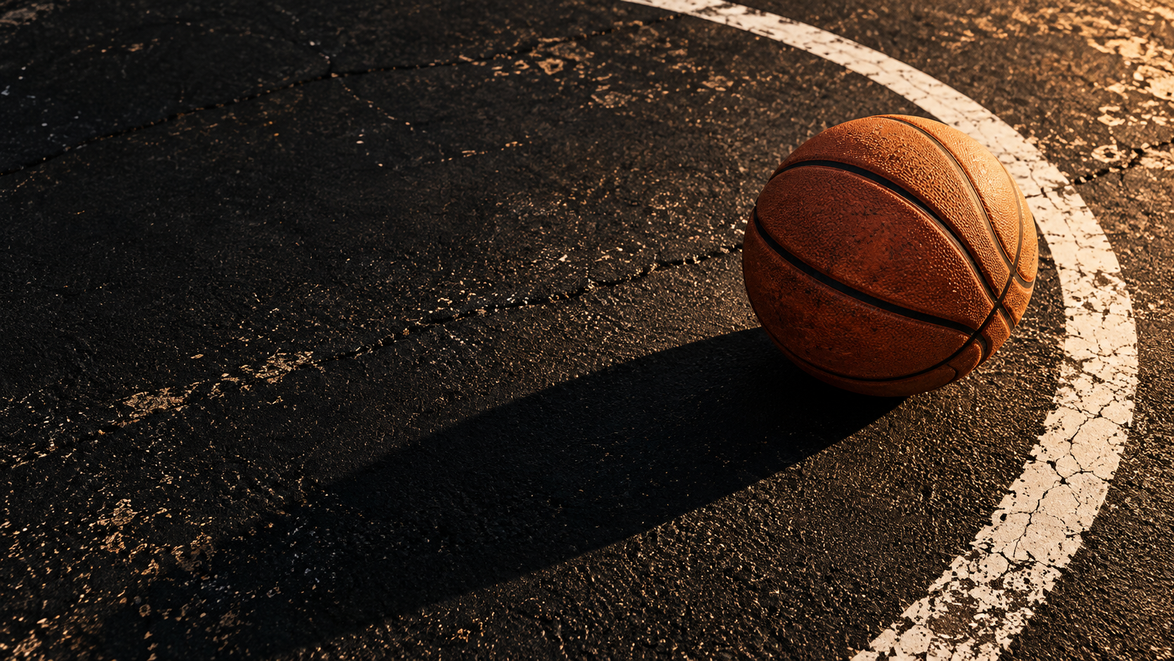 Orange basketball on a dark outdoor court with a sweeping white line; original brand illustration